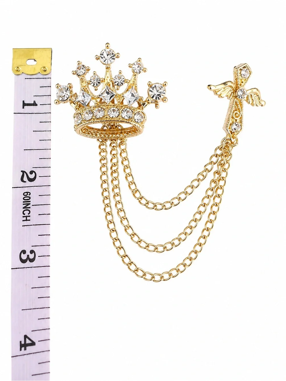 New Gold Tone Crown & Wing Double Pin Brooch Rhinestone Chain Lapel Fashion